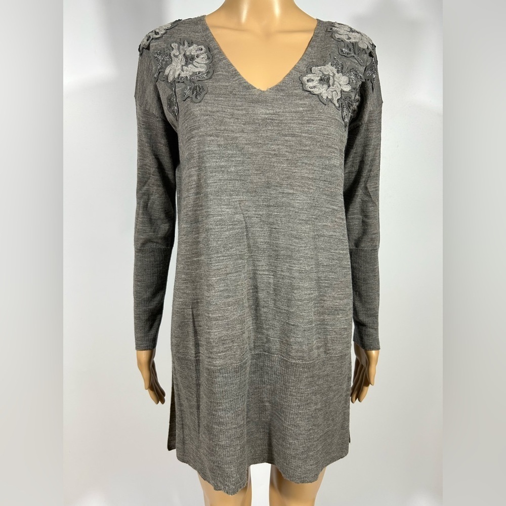 Lafayette 148 Sweater XS Grey Space-died Wool Floral Embellished Oversized Tunic
